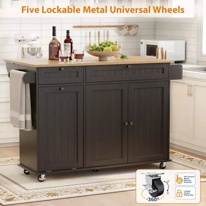 Rolling Kitchen Island Carts with Storage, 55 Wide Island Table on Wheels with Spice Rack, Towel Rack, Knife Holder and Trash Can Storage