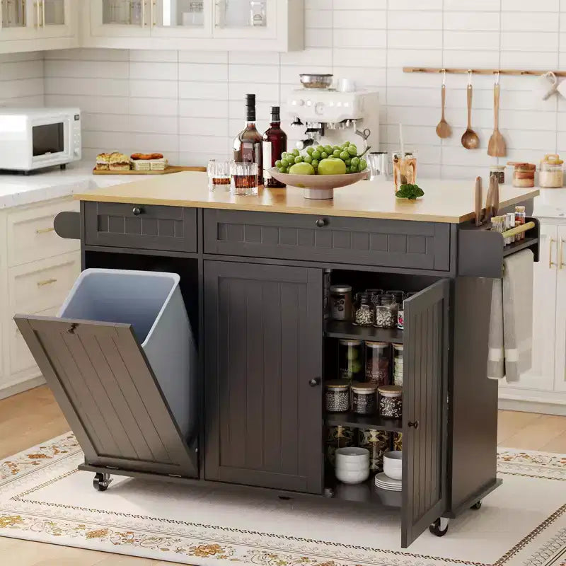 Rolling Kitchen Island Carts with Storage, 55 Wide Island Table on Wheels with Spice Rack, Towel Rack, Knife Holder and Trash Can Storage