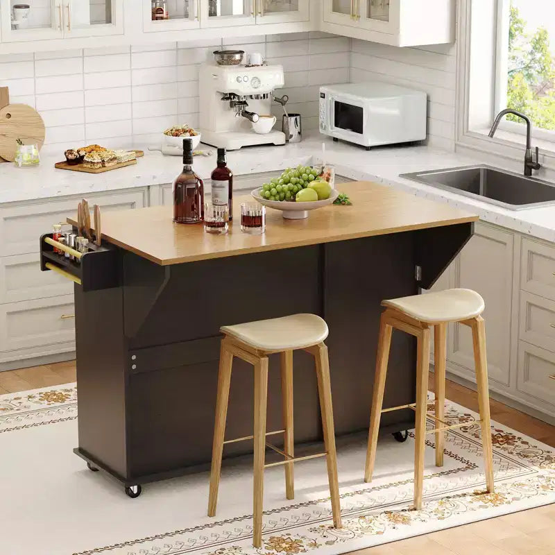 Rolling Kitchen Island Carts with Storage, 55 Wide Island Table on Wheels with Spice Rack, Towel Rack, Knife Holder and Trash Can Storage