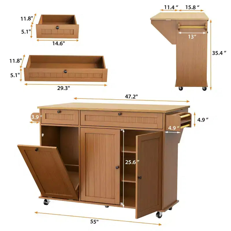 Rolling Kitchen Island Carts with Storage, 55 Wide Island Table on Wheels with Spice Rack, Towel Rack, Knife Holder and Trash Can Storage