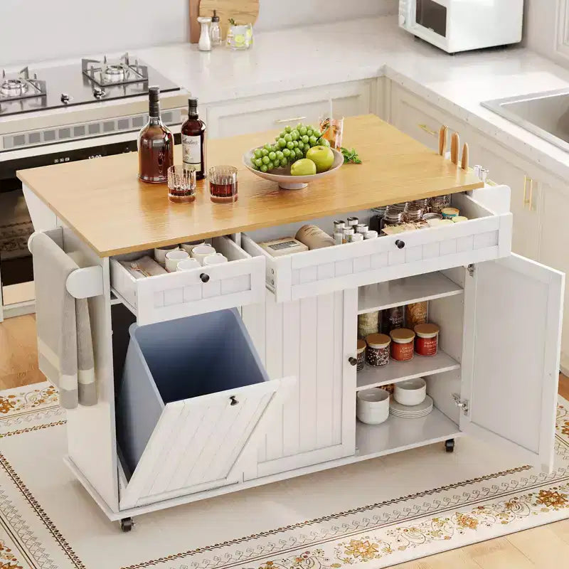 Rolling Kitchen Island Carts with Storage, 55 Wide Island Table on Wheels with Spice Rack, Towel Rack, Knife Holder and Trash Can Storage
