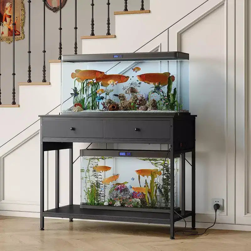 Heavy Duty Fish Tank Stand with Power Outlet, 40-50 Gallon Double Metal Aquarium/Reptile Terrarium Table, 2 Storage Drawers & Height Adjustable Feet