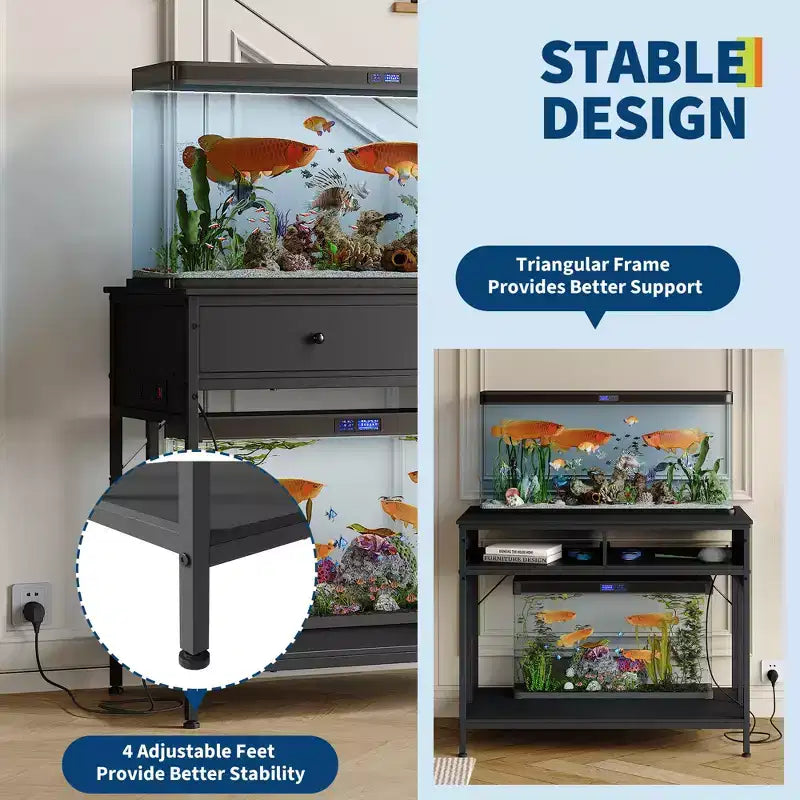 Heavy Duty Fish Tank Stand with Power Outlet, 40-50 Gallon Double Metal Aquarium/Reptile Terrarium Table, 2 Storage Drawers & Height Adjustable Feet