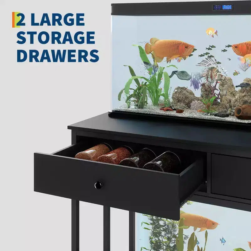Heavy Duty Fish Tank Stand with Power Outlet, 40-50 Gallon Double Metal Aquarium/Reptile Terrarium Table, 2 Storage Drawers & Height Adjustable Feet