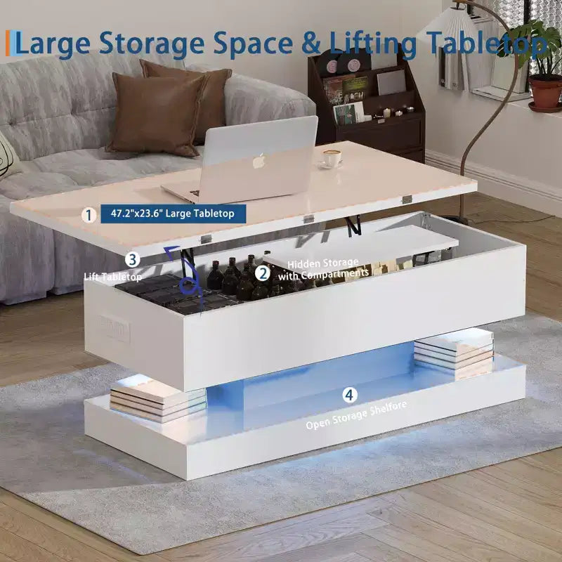 47.2-Inch Modern Lift-Top Coffee Table - Adjustable Height & 180lb Capacity for Living Room, Dining & Office