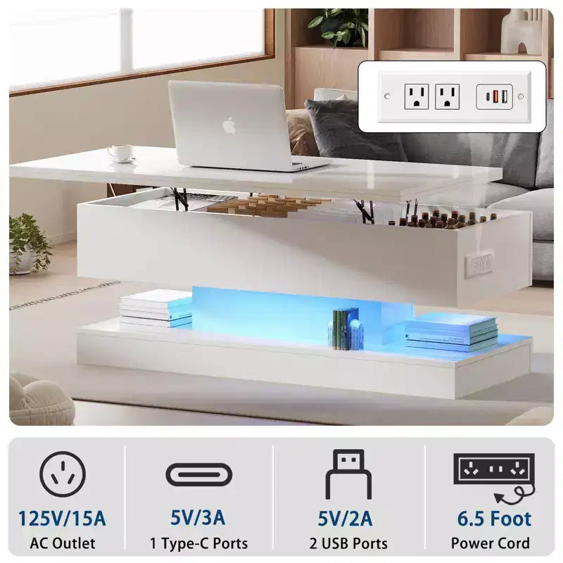 47.2-Inch Modern Lift-Top Coffee Table - Adjustable Height & 180lb Capacity for Living Room, Dining & Office