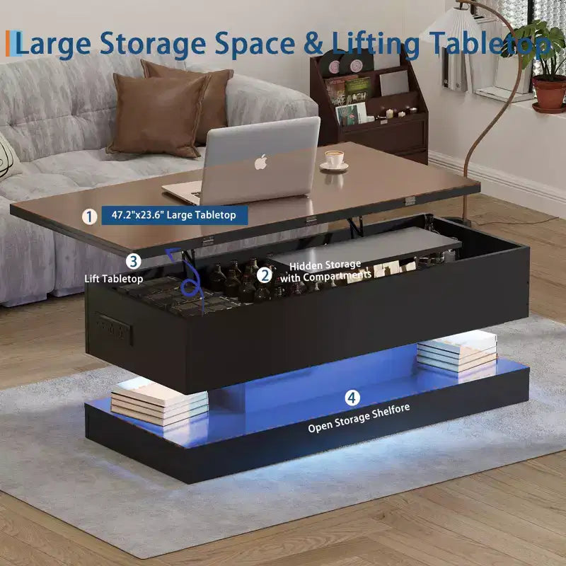 47.2-Inch Modern Lift-Top Coffee Table - Adjustable Height & 180lb Capacity for Living Room, Dining & Office