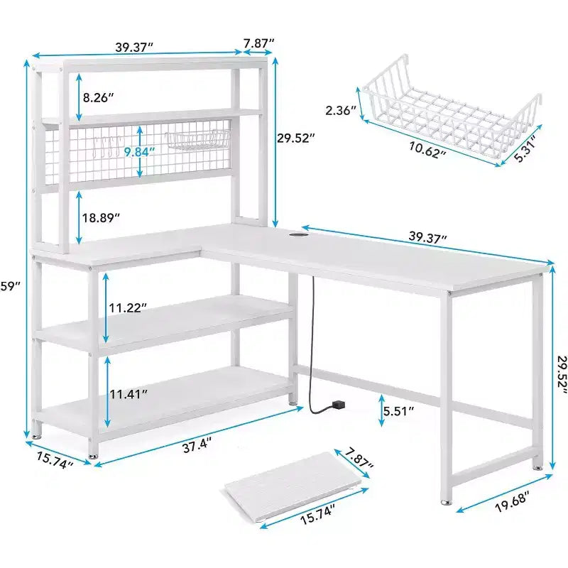 Lantine L-Shaped Computer Desk, 55 Inch Reversible Office Desk with Wireless Charging and Bookshelf for Home Office, White