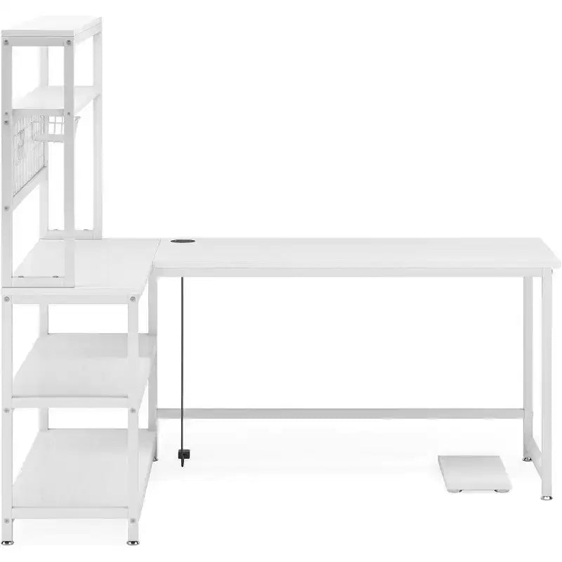 Lantine L-Shaped Computer Desk, 55 Inch Reversible Office Desk with Wireless Charging and Bookshelf for Home Office, White