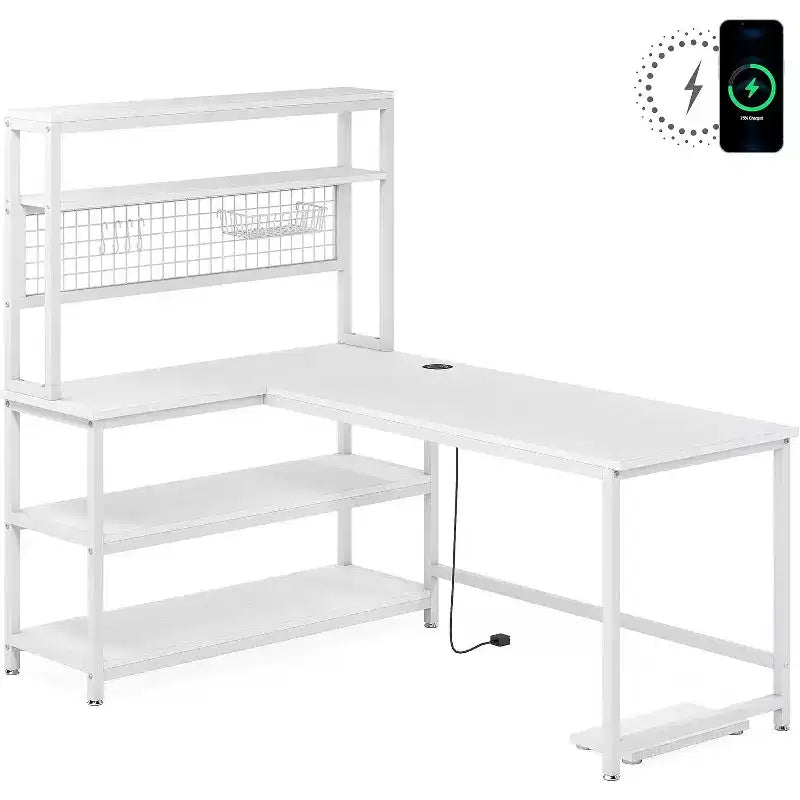 Lantine L-Shaped Computer Desk, 55 Inch Reversible Office Desk with Wireless Charging and Bookshelf for Home Office, White