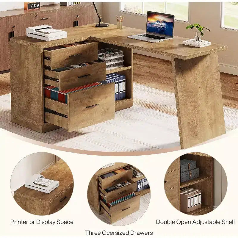 Lantine 55-Inch L-Shaped Computer Desk with 3 Drawers, Corner Home Office Desk with Storage Shelves for Work Writing, Gaming, Farmhouse Brown