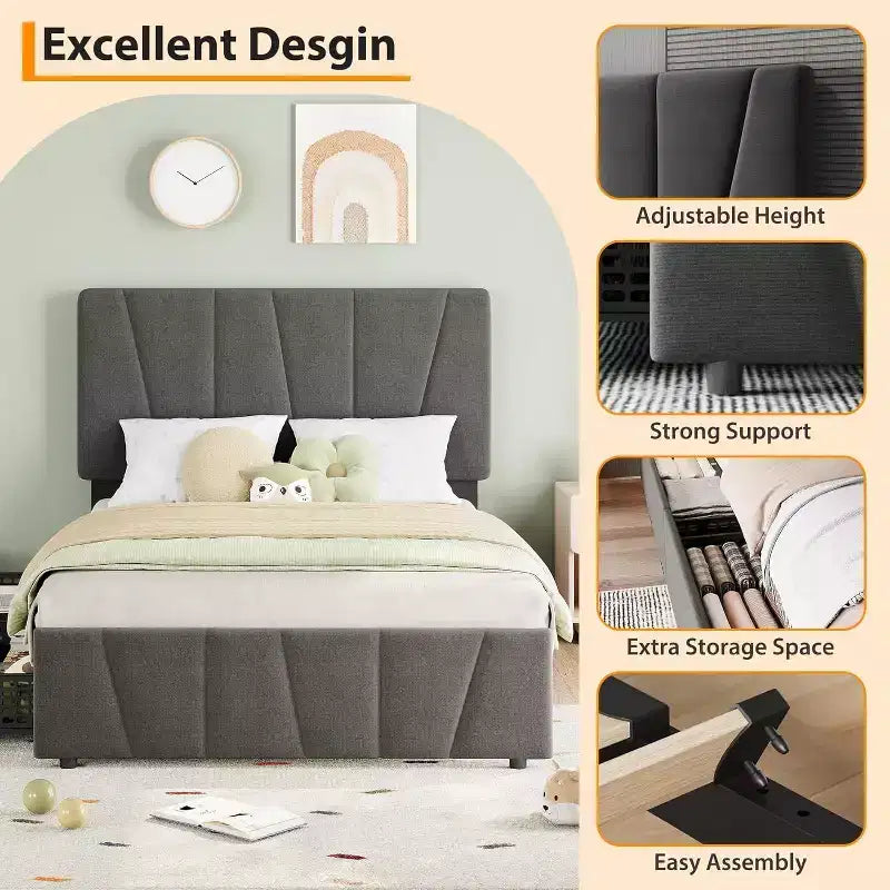 Twin Size Bed Frame with Adjustable Headboard and 2 Drawers, Wooden Slats Support,No Box Spring Needed, Easy Assembly