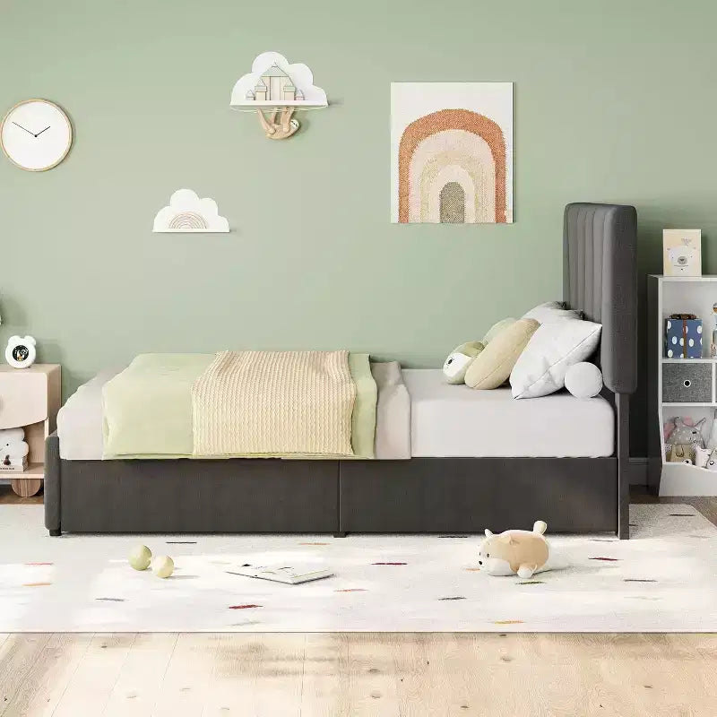 Twin Size Bed Frame with Adjustable Headboard and 2 Drawers, Wooden Slats Support,No Box Spring Needed, Easy Assembly