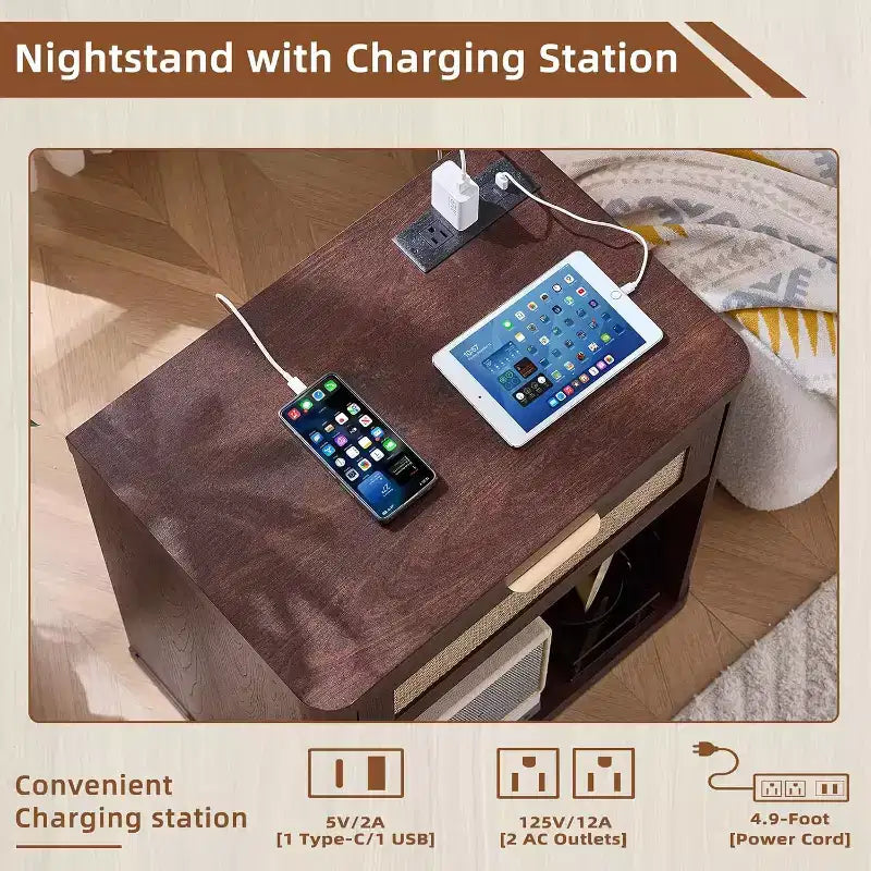 BALHAM TRADE-Boho Rattan Nightstand with USB Charging Station with Drawer and Storage Shelf