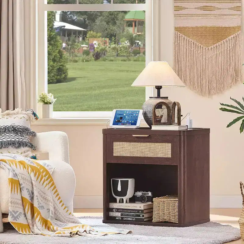 BALHAM TRADE-Boho Rattan Nightstand with USB Charging Station with Drawer and Storage Shelf