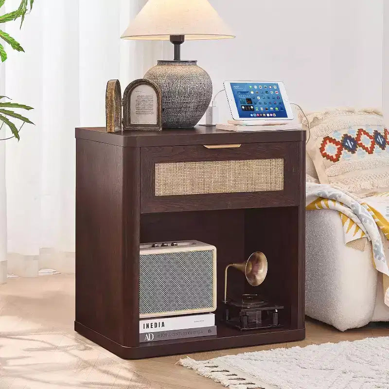 BALHAM TRADE-Boho Rattan Nightstand with USB Charging Station with Drawer and Storage Shelf