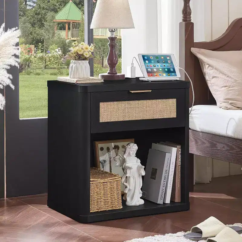 BALHAM TRADE-Boho Rattan Nightstand with USB Charging Station with Drawer and Storage Shelf