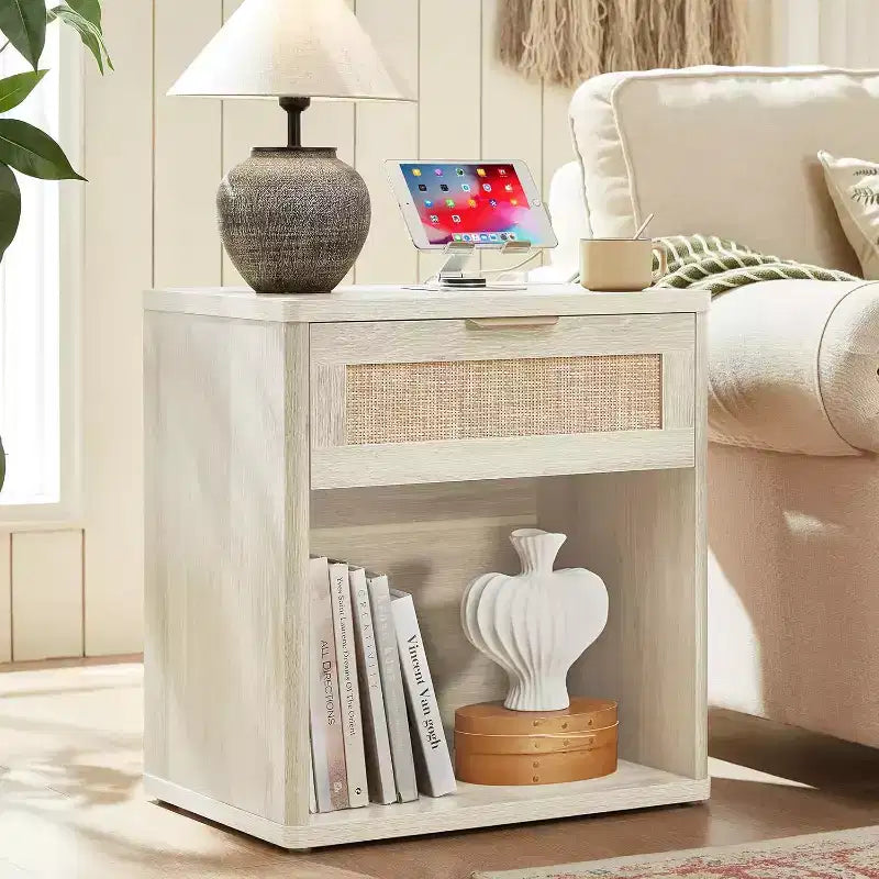 BALHAM TRADE-Boho Rattan Nightstand with USB Charging Station with Drawer and Storage Shelf