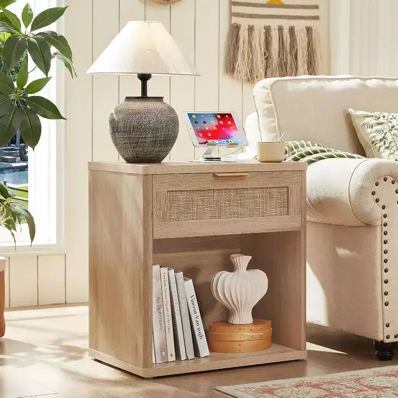 BALHAM TRADE-Boho Rattan Nightstand with USB Charging Station with Drawer and Storage Shelf