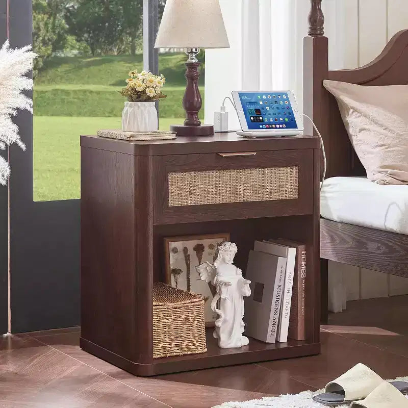 BALHAM TRADE-Boho Rattan Nightstand with USB Charging Station with Drawer and Storage Shelf