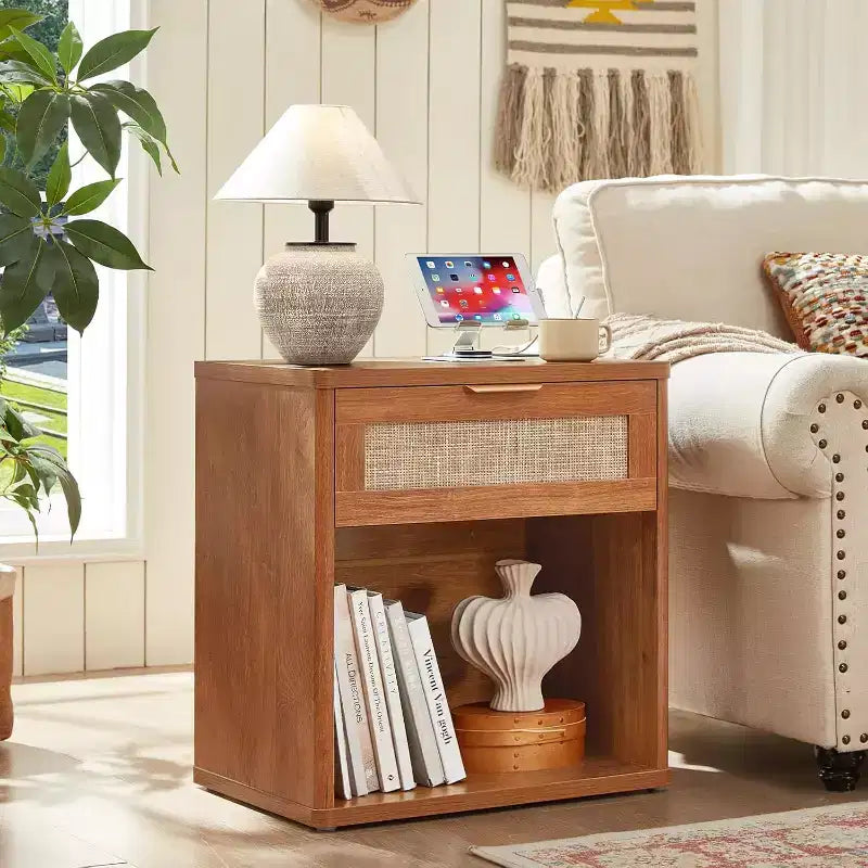 BALHAM TRADE-Boho Rattan Nightstand with USB Charging Station with Drawer and Storage Shelf
