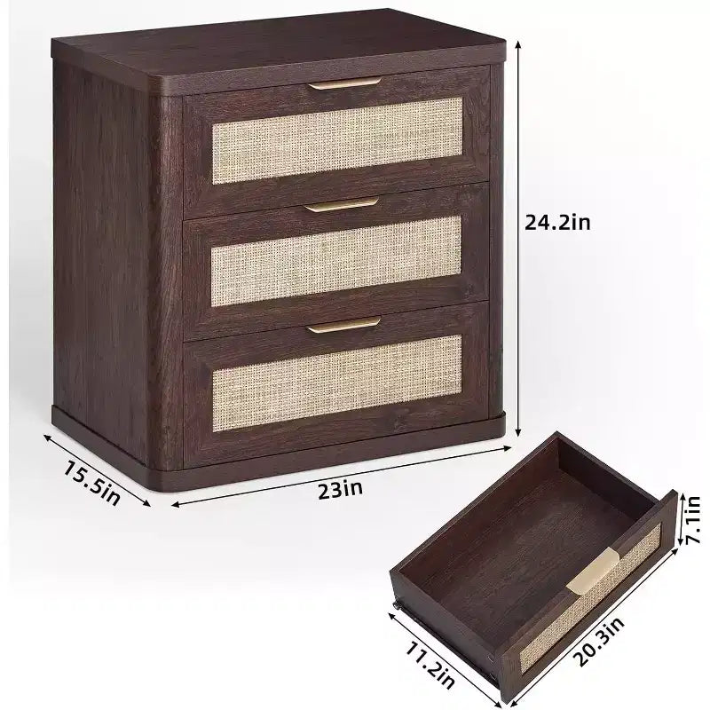 BALHAM TRADE-23 Rattan Night Stand with 3 Drawers Storage Cabinet for Bedroom Living Room