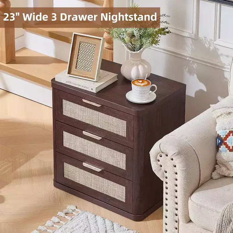 BALHAM TRADE-23 Rattan Night Stand with 3 Drawers Storage Cabinet for Bedroom Living Room
