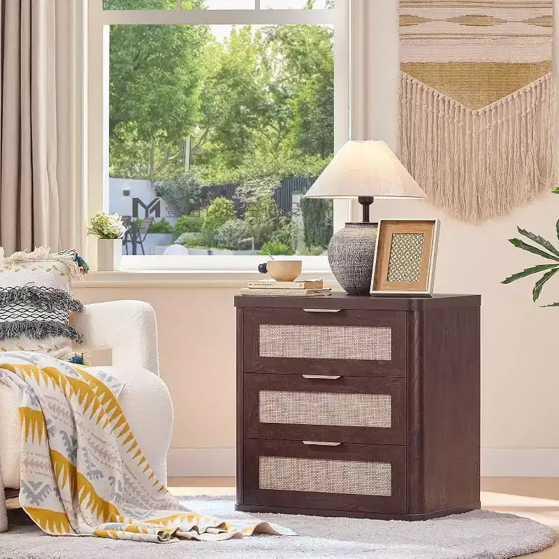 BALHAM TRADE-23 Rattan Night Stand with 3 Drawers Storage Cabinet for Bedroom Living Room