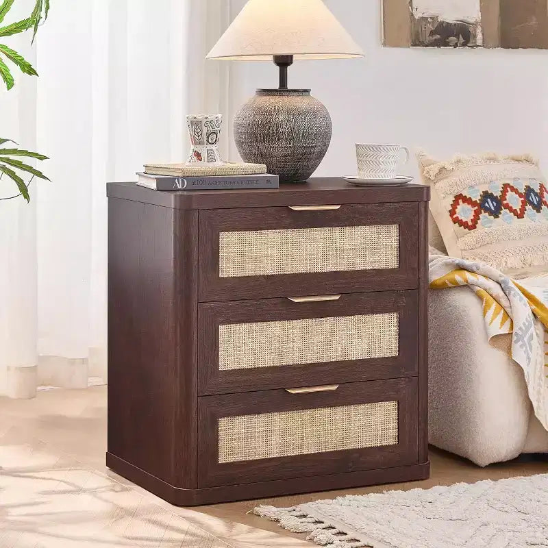 BALHAM TRADE-23 Rattan Night Stand with 3 Drawers Storage Cabinet for Bedroom Living Room
