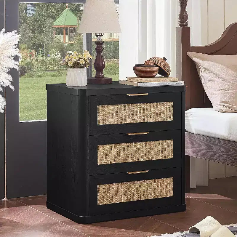 BALHAM TRADE-23 Rattan Night Stand with 3 Drawers Storage Cabinet for Bedroom Living Room