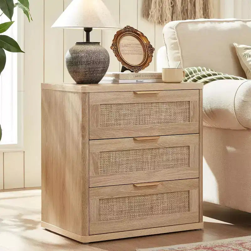 BALHAM TRADE-23 Rattan Night Stand with 3 Drawers Storage Cabinet for Bedroom Living Room