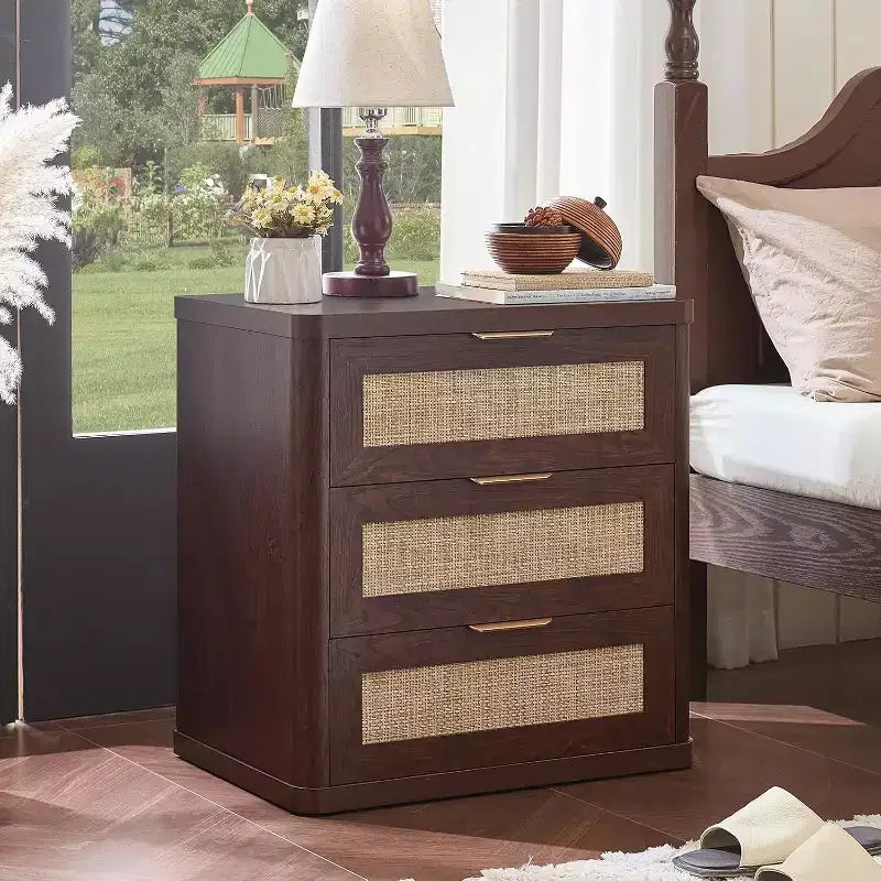 BALHAM TRADE-23 Rattan Night Stand with 3 Drawers Storage Cabinet for Bedroom Living Room
