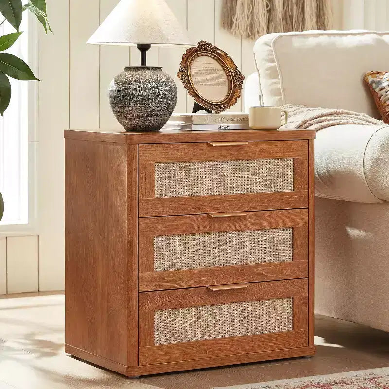 BALHAM TRADE-23 Rattan Night Stand with 3 Drawers Storage Cabinet for Bedroom Living Room