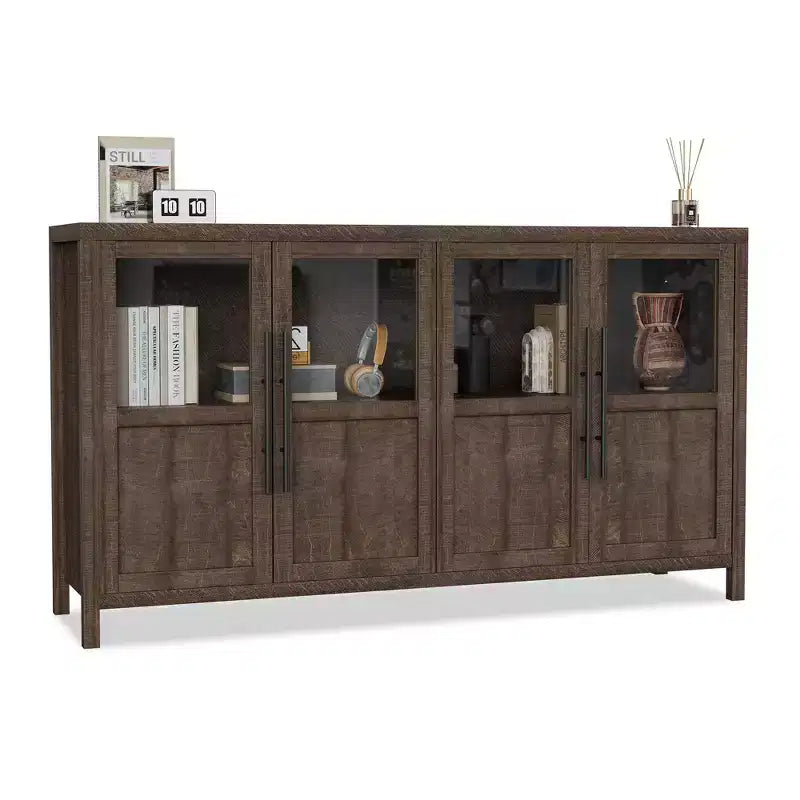 Farmhouse Sideboard Storage Cabinet, 55 Wooden Accent Console with Glass Panel Doors and Adjustable Shelves for Kitchen, Living Room, Brown Red