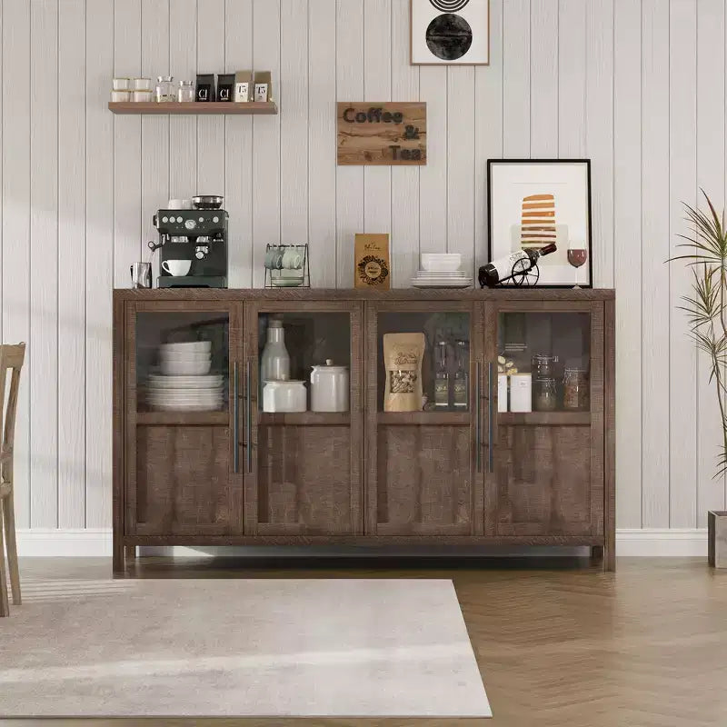 Farmhouse Sideboard Storage Cabinet, 55 Wooden Accent Console with Glass Panel Doors and Adjustable Shelves for Kitchen, Living Room, Brown Red