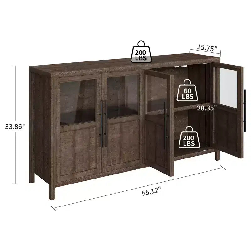 Farmhouse Sideboard Storage Cabinet, 55 Wooden Accent Console with Glass Panel Doors and Adjustable Shelves for Kitchen, Living Room, Brown Red