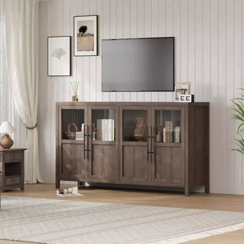 Farmhouse Sideboard Storage Cabinet, 55 Wooden Accent Console with Glass Panel Doors and Adjustable Shelves for Kitchen, Living Room, Brown Red