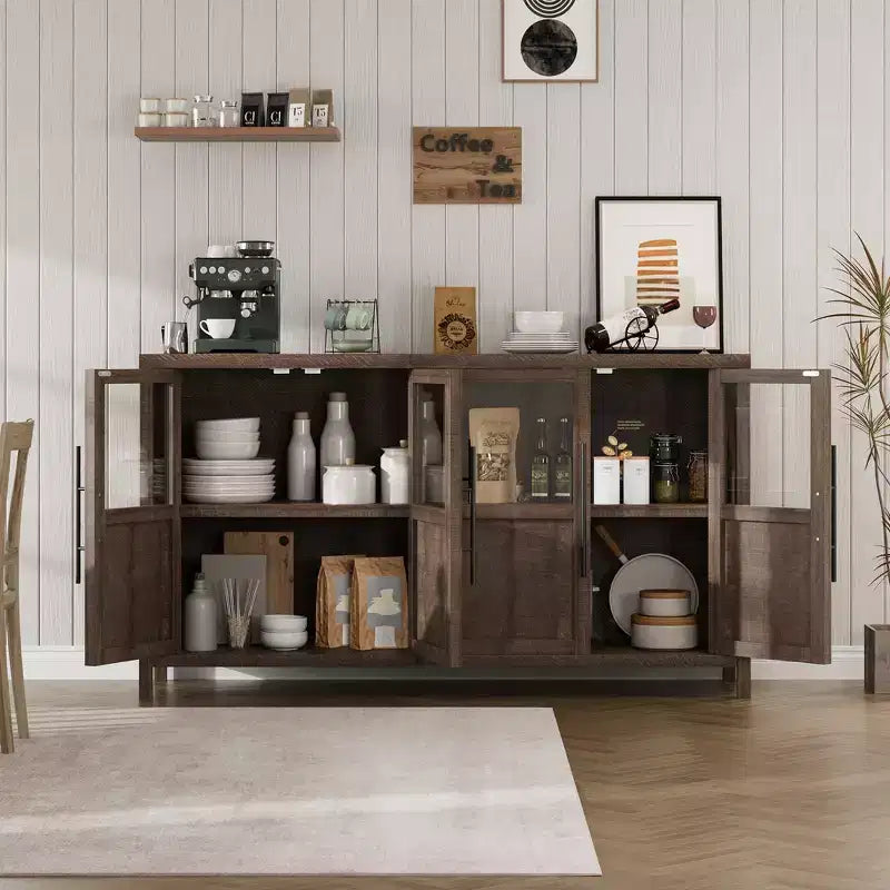 Farmhouse Sideboard Storage Cabinet, 55 Wooden Accent Console with Glass Panel Doors and Adjustable Shelves for Kitchen, Living Room, Brown Red