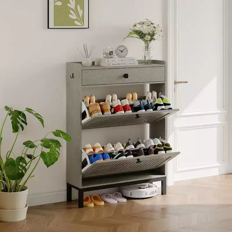 Shoe Storage Cabinet with 2 Flip Drawer, Shoes Organizer with Top Drawer, Hollow Out Panel & Square Handles, Adjustable Shoe Rack for Entryway