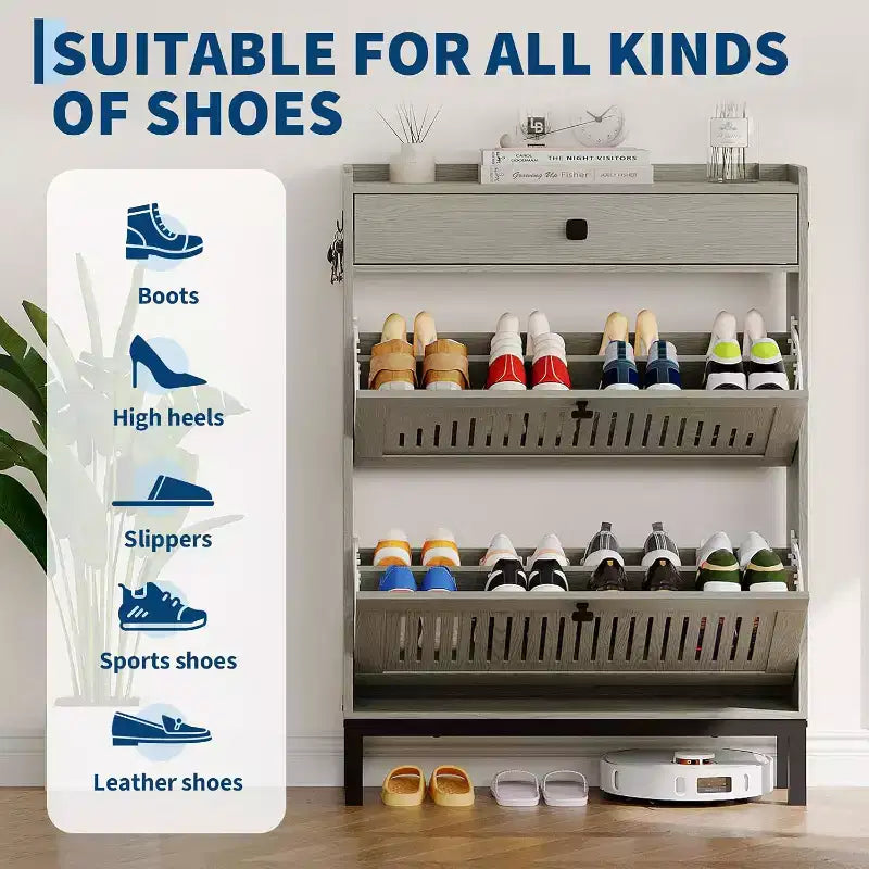 Shoe Storage Cabinet with 2 Flip Drawer, Shoes Organizer with Top Drawer, Hollow Out Panel & Square Handles, Adjustable Shoe Rack for Entryway
