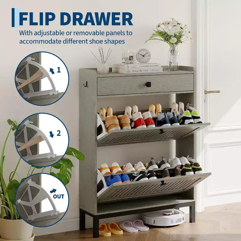 Shoe Storage Cabinet with 2 Flip Drawer, Shoes Organizer with Top Drawer, Hollow Out Panel & Square Handles, Adjustable Shoe Rack for Entryway