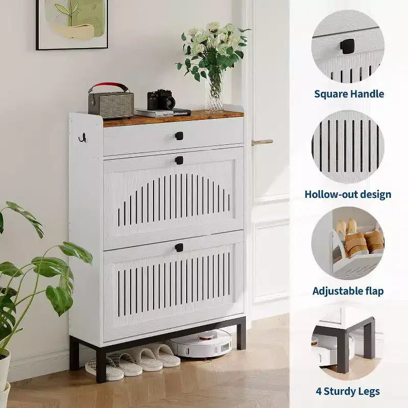 Shoe Storage Cabinet with 2 Flip Drawer, Shoes Organizer with Top Drawer, Hollow Out Panel & Square Handles, Adjustable Shoe Rack for Entryway