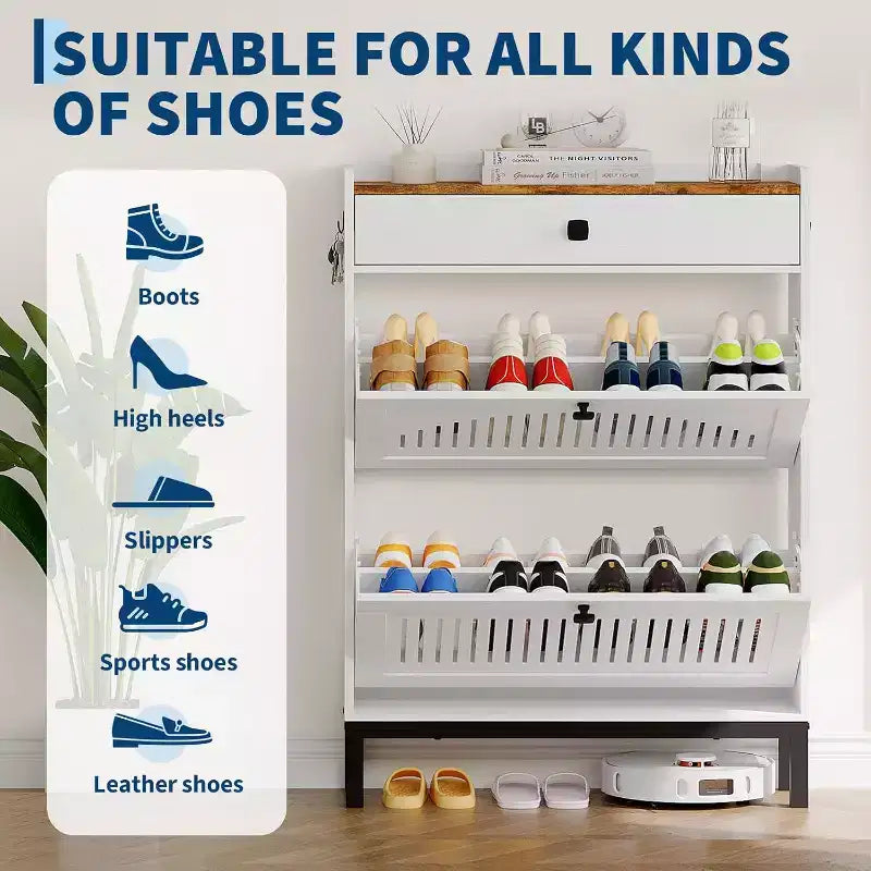 Shoe Storage Cabinet with 2 Flip Drawer, Shoes Organizer with Top Drawer, Hollow Out Panel & Square Handles, Adjustable Shoe Rack for Entryway