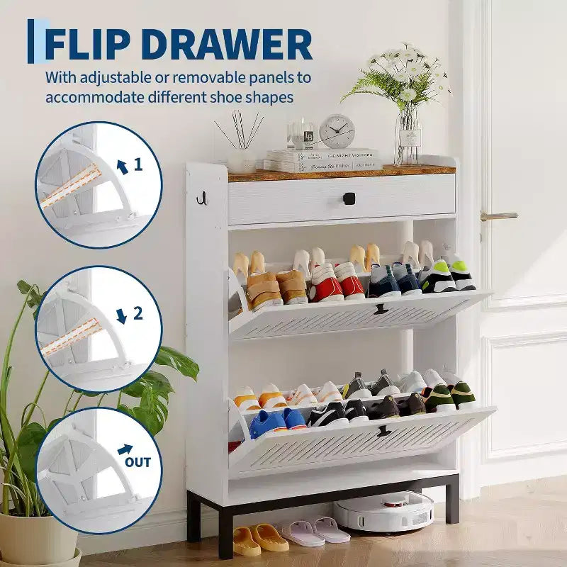 Shoe Storage Cabinet with 2 Flip Drawer, Shoes Organizer with Top Drawer, Hollow Out Panel & Square Handles, Adjustable Shoe Rack for Entryway