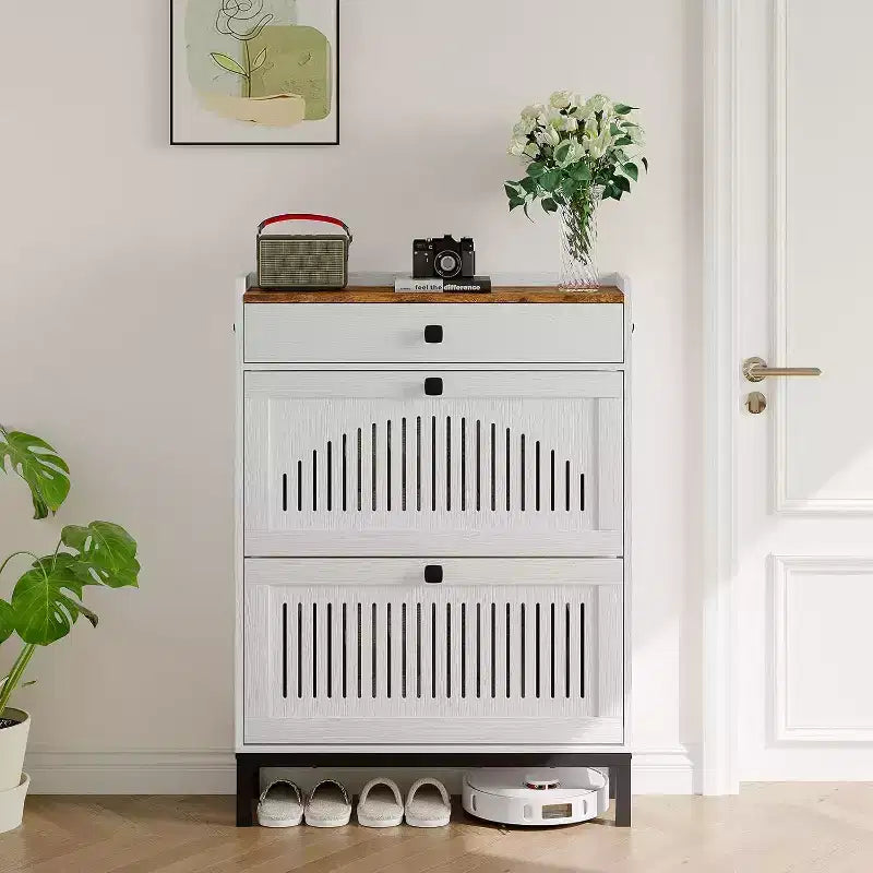 Shoe Storage Cabinet with 2 Flip Drawer, Shoes Organizer with Top Drawer, Hollow Out Panel & Square Handles, Adjustable Shoe Rack for Entryway