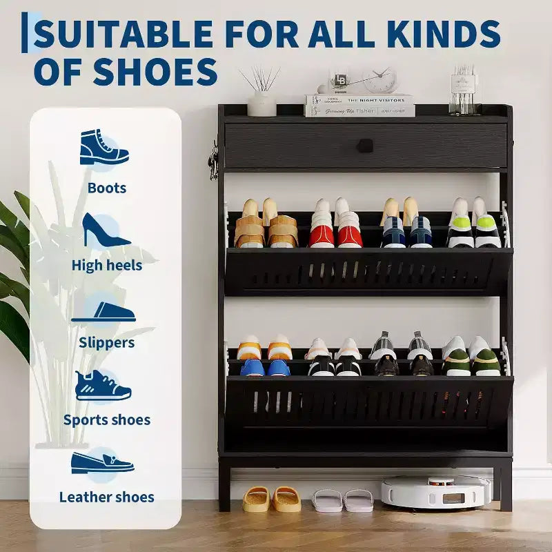 Shoe Storage Cabinet with 2 Flip Drawer, Shoes Organizer with Top Drawer, Hollow Out Panel & Square Handles, Adjustable Shoe Rack for Entryway