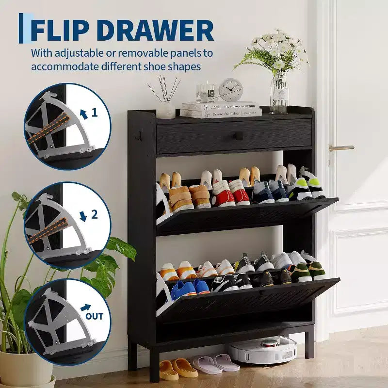 Shoe Storage Cabinet with 2 Flip Drawer, Shoes Organizer with Top Drawer, Hollow Out Panel & Square Handles, Adjustable Shoe Rack for Entryway