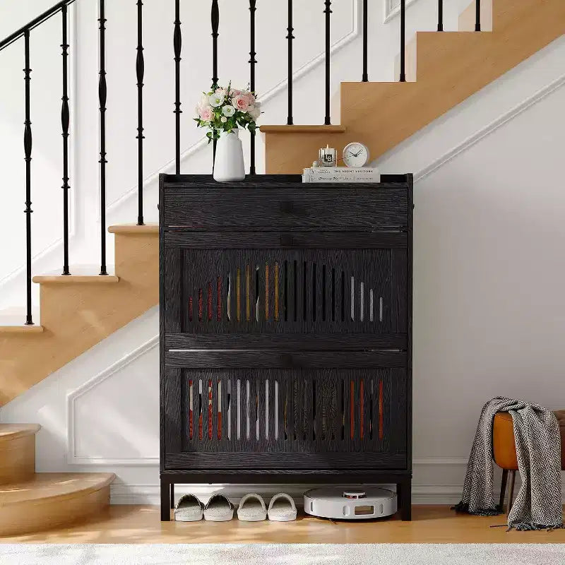 Shoe Storage Cabinet with 2 Flip Drawer, Shoes Organizer with Top Drawer, Hollow Out Panel & Square Handles, Adjustable Shoe Rack for Entryway