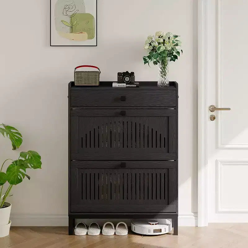 Shoe Storage Cabinet with 2 Flip Drawer, Shoes Organizer with Top Drawer, Hollow Out Panel & Square Handles, Adjustable Shoe Rack for Entryway