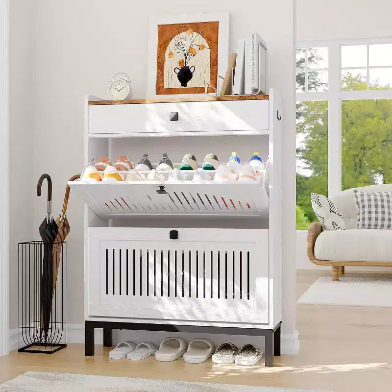 Shoe Storage Cabinet with 2 Flip Drawer, Shoes Organizer with Top Drawer, Hollow Out Panel & Square Handles, Adjustable Shoe Rack for Entryway